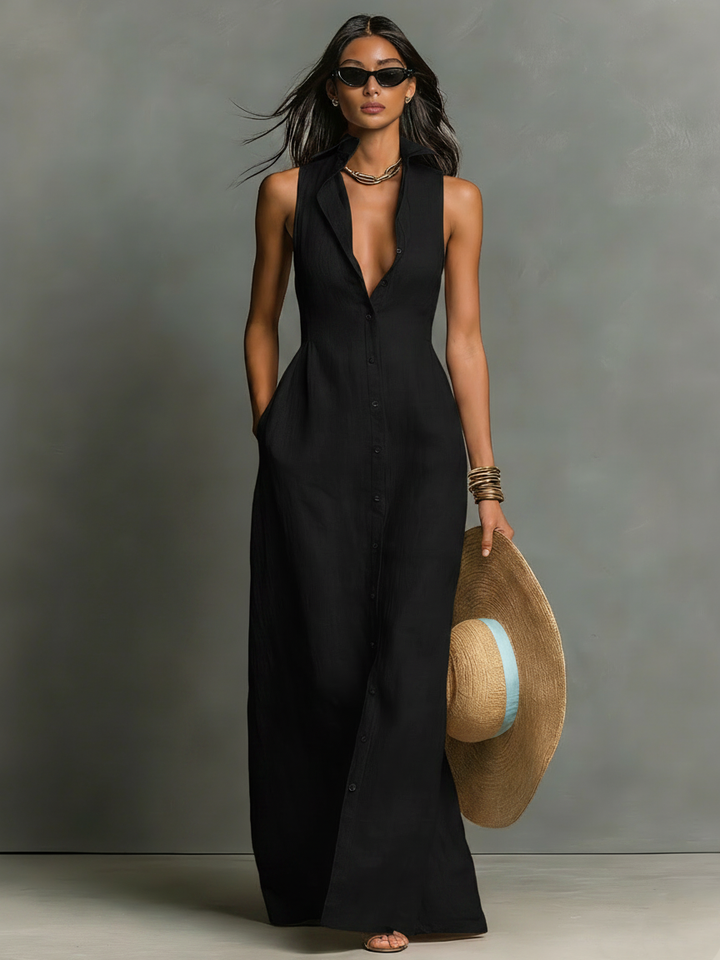 Minimalistisches, kragenloses, einreihiges, ärmelloses Maxi-Hemdkleid für Damen