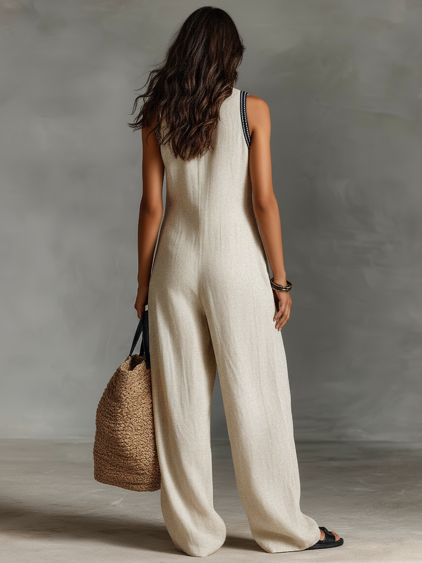 Minimalistischer, ärmelloser Damen-Jumpsuit mit Reißverschluss und Stehkragen, verziert mit Stickereien