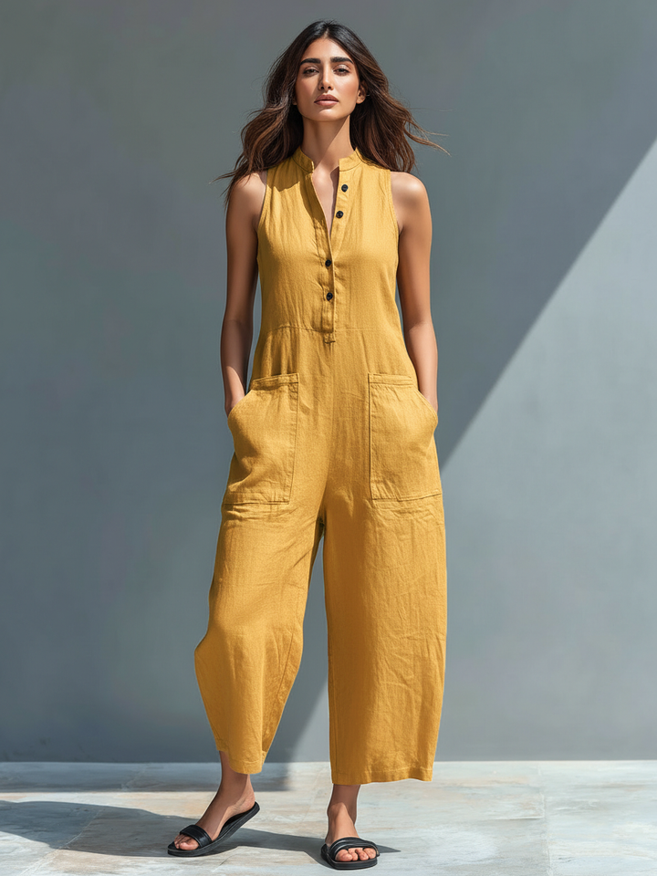 Minimalistischer Damen-Jumpsuit mit Stehkragen, Knopfleiste und lässiger, lockerer Passform