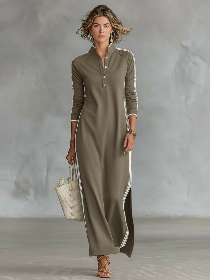 Minimalistisches Sweatshirtkleid für Damen mit weißem Kragen und Knopfleiste