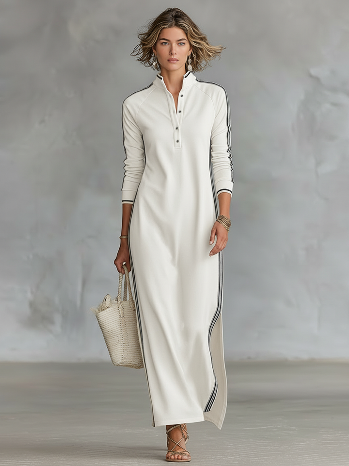 Minimalistisches Sweatshirtkleid für Damen mit weißem Kragen und Knopfleiste