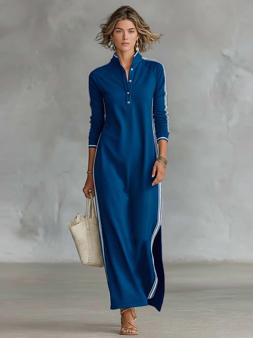 Minimalistisches Sweatshirtkleid für Damen mit weißem Kragen und Knopfleiste