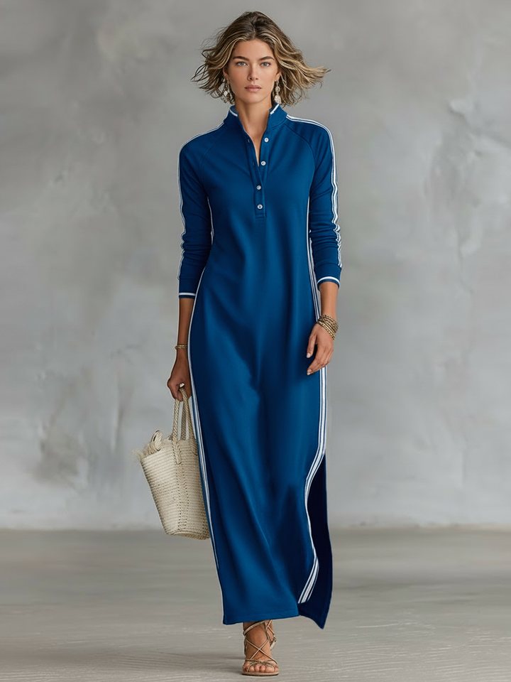 Minimalistisches Sweatshirtkleid für Damen mit weißem Kragen und Knopfleiste
