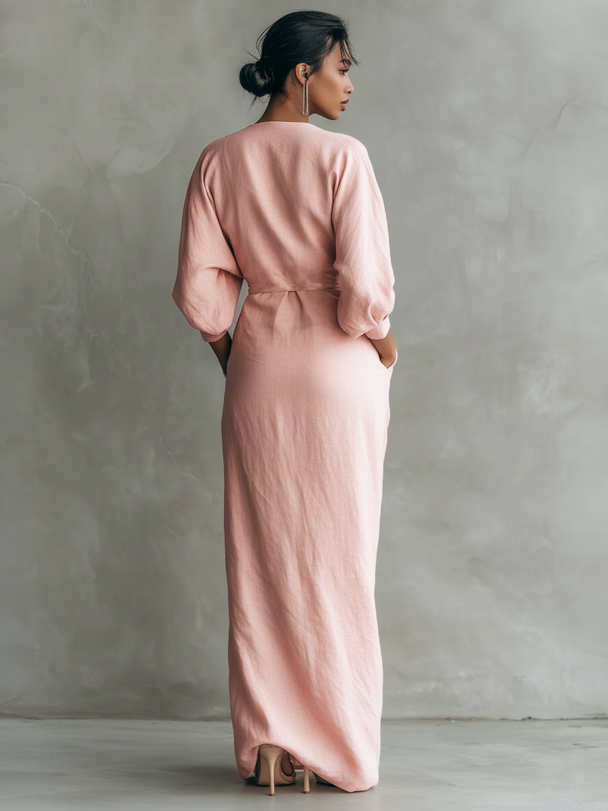 Rosa minimalistisches Maxikleid für Damen mit V-Ausschnitt