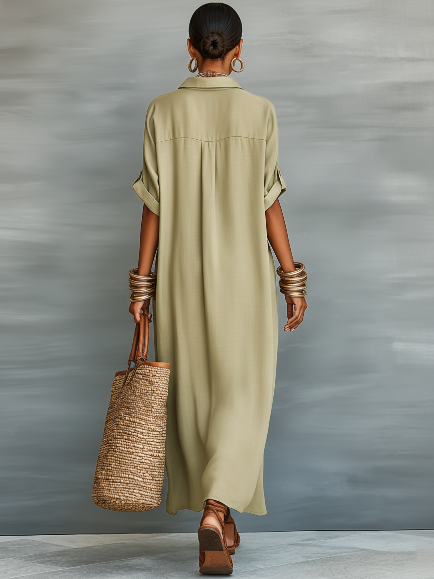 Minimalistisches Kurzarm-Hemd-Maxikleid für Damen
