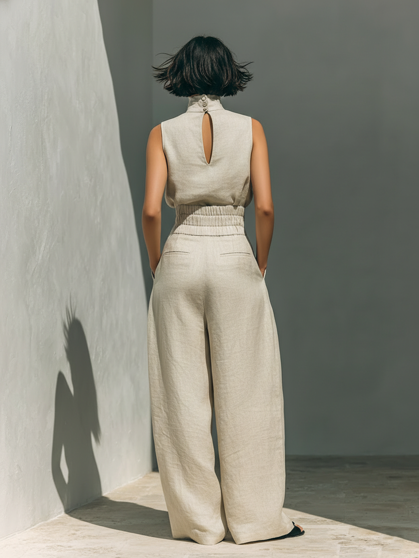 Minimalistisches ärmelloses Blusen- und Hosen-Set für Damen mit weitem Bein
