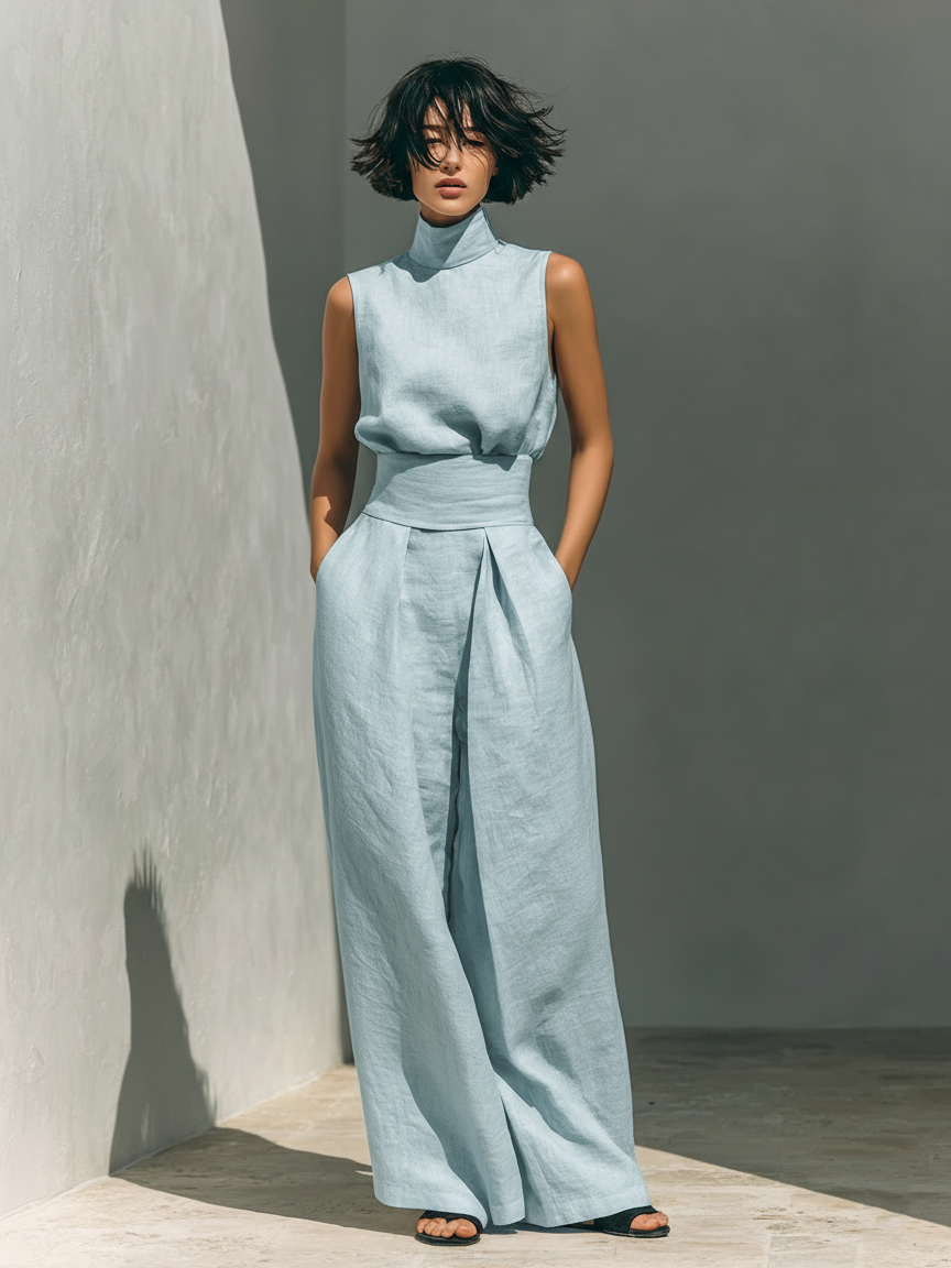 Damen Ärmellose Bluse und Weite-Hosen Ensemble