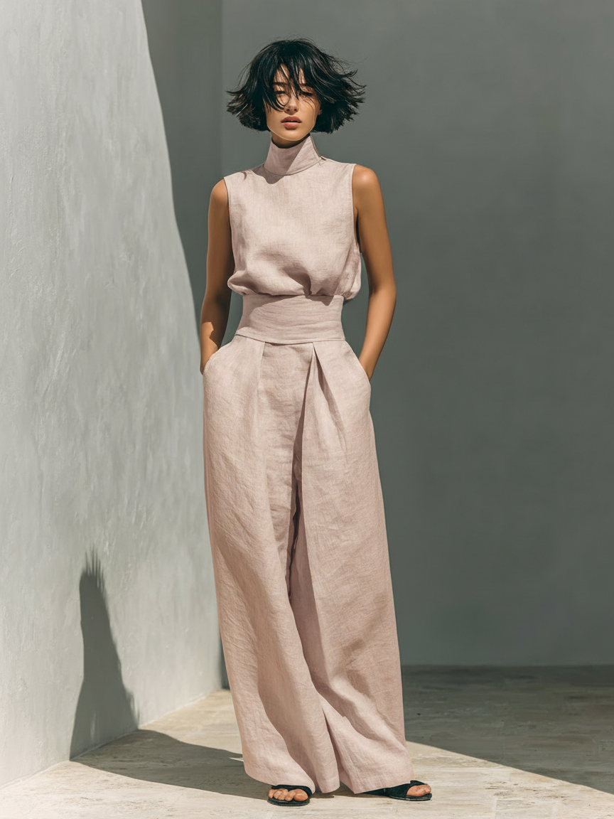 Minimalistisches ärmelloses Blusen- und Hosen-Set für Damen mit weitem Bein