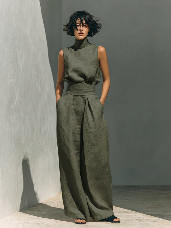 Damen Ärmellose Bluse und Weite-Hosen Ensemble