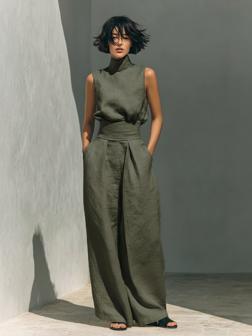 Minimalistisches ärmelloses Blusen- und Hosen-Set für Damen mit weitem Bein