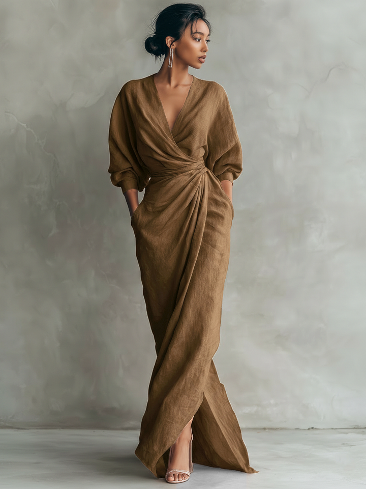 Rosa minimalistisches Maxikleid für Damen mit V-Ausschnitt