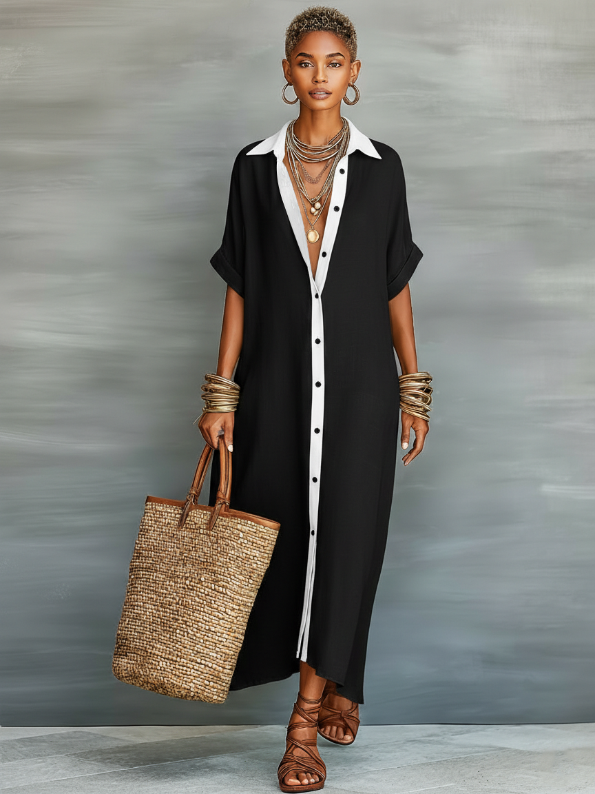 Minimalistisches Kurzarm-Hemd-Maxikleid für Damen