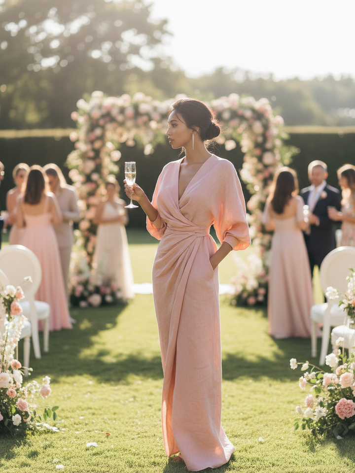 Rosa minimalistisches Maxikleid für Damen mit V-Ausschnitt