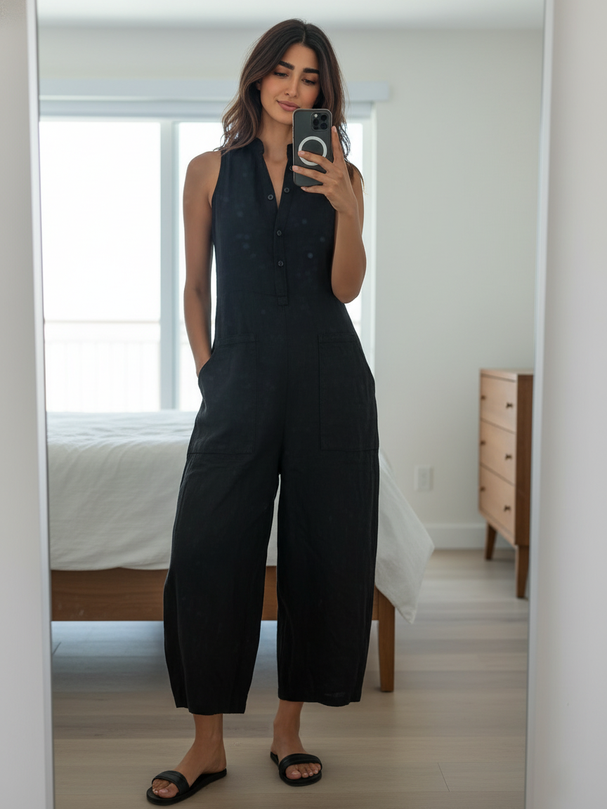 Minimalistischer Damen-Jumpsuit mit Stehkragen, Knopfleiste und lässiger, lockerer Passform