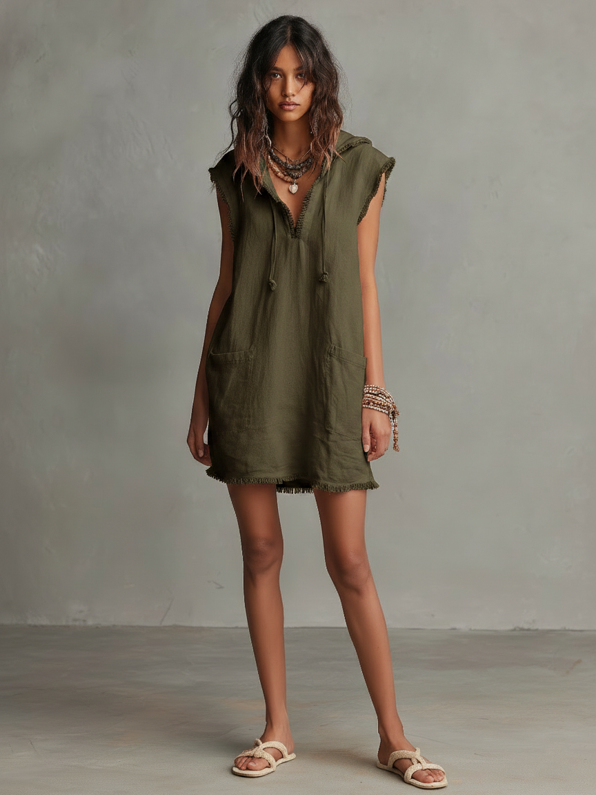 Minimalistisches Minikleid für Damen – mit Kapuze, ärmellos, offener Schnitt