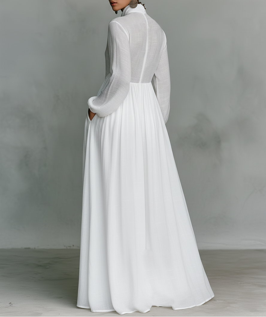 Elisa | Baumwoll- und Leinen-Maxi-Kleid mit Patchwork, hohem Kragen und langen Ärmeln - Minimalistischer Stil