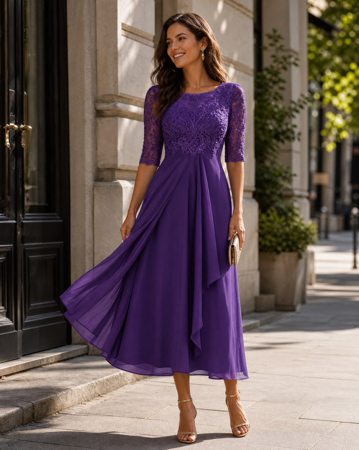 Damen Rundhals-Spitzen-Midi-Kleid mit Taschen