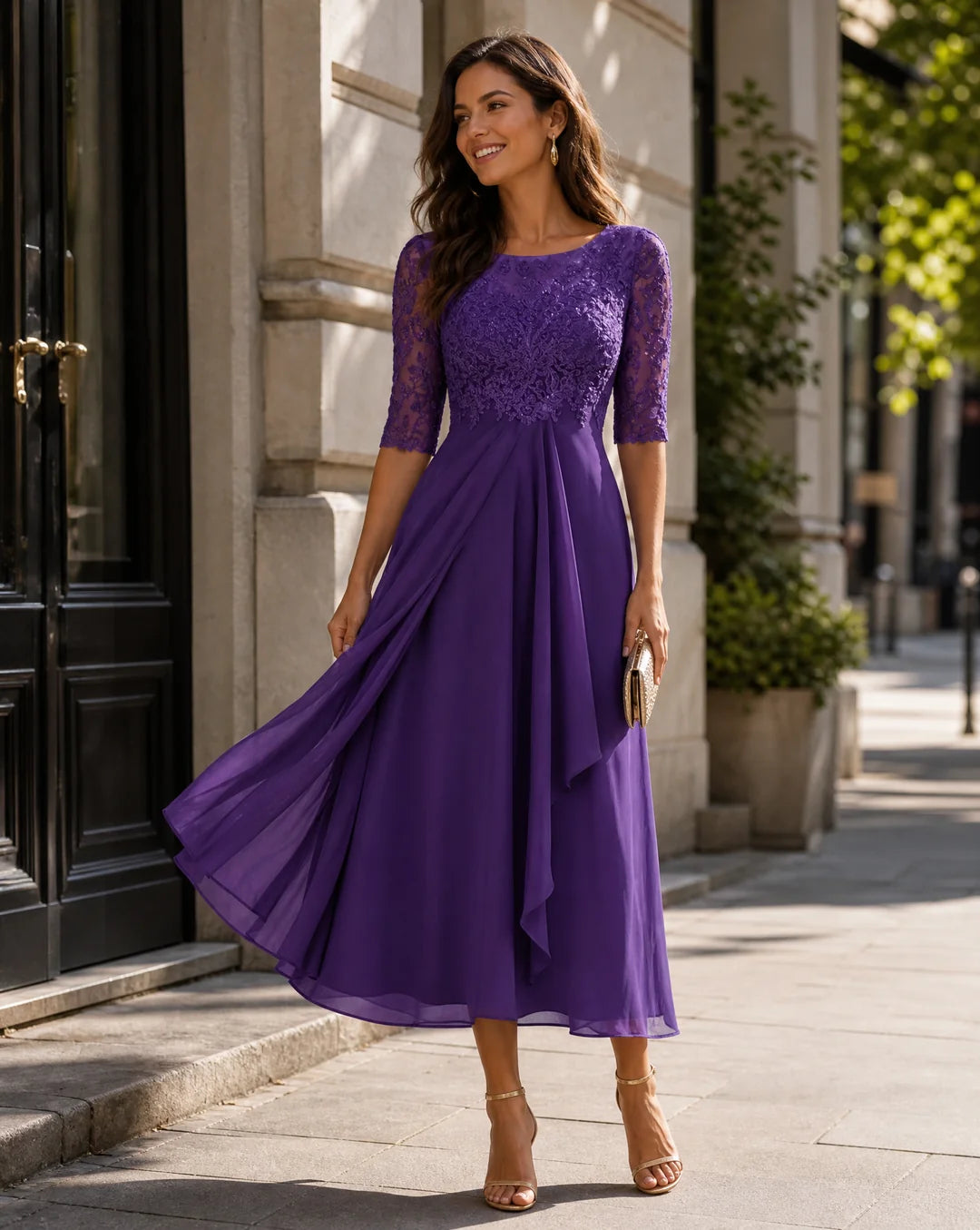 Damen Rundhals-Spitzen-Midi-Kleid mit Taschen