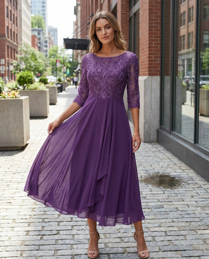 Damen Rundhals-Spitzen-Midi-Kleid mit Taschen