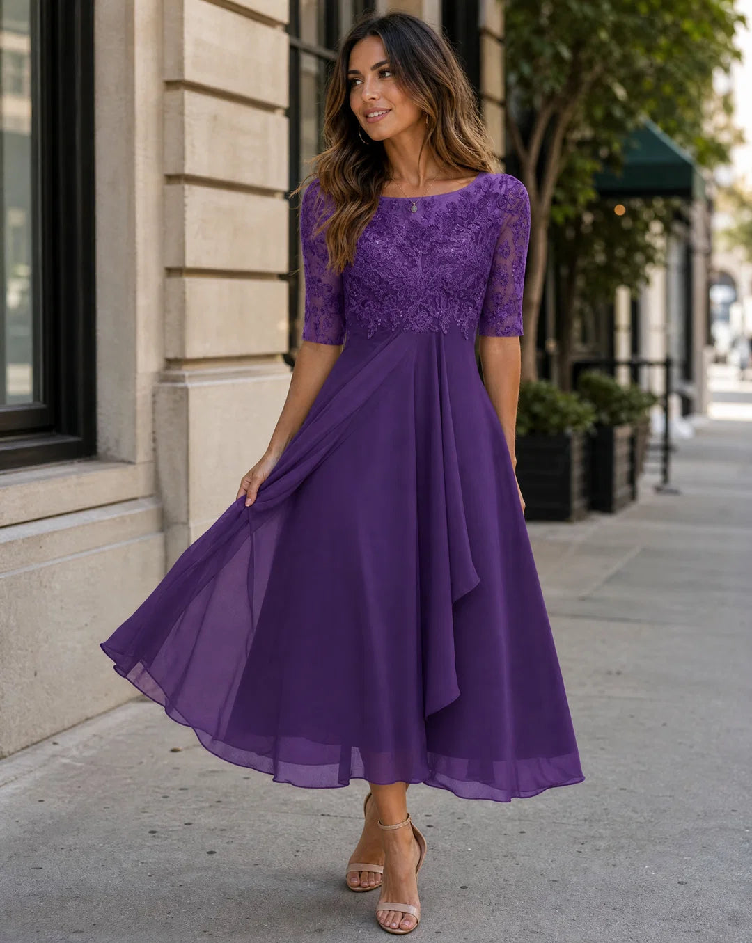 Damen Rundhals-Spitzen-Midi-Kleid mit Taschen