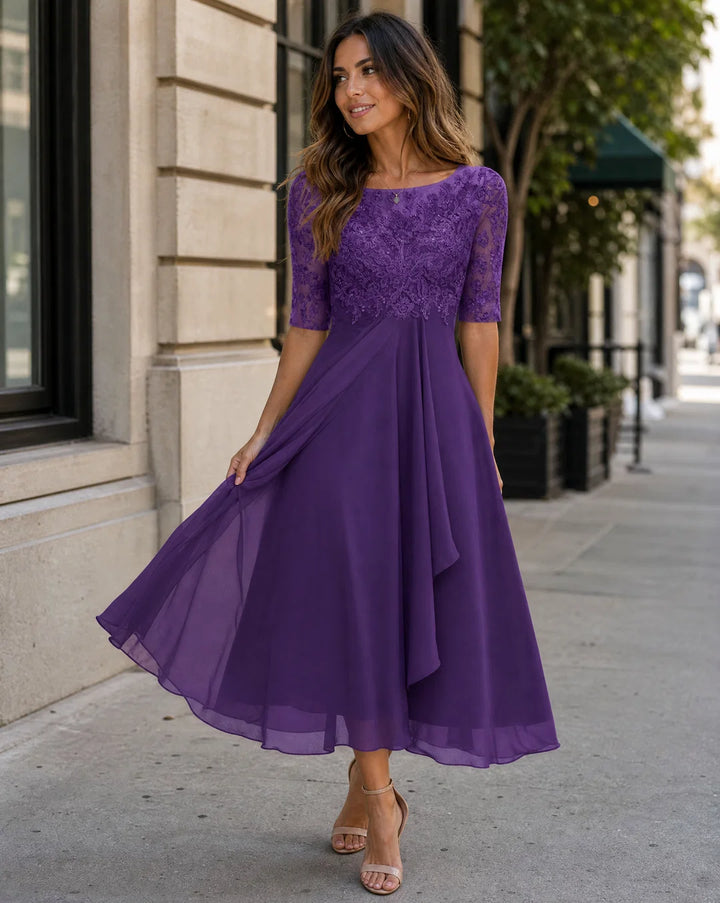 Damen Rundhals-Spitzen-Midi-Kleid mit Taschen
