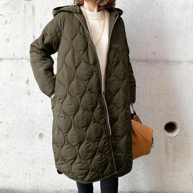 Parka acolchoado de manga comprida para senhora, com capuz e bolsos