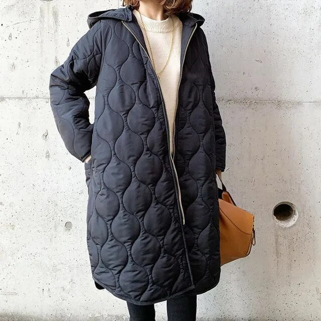 Parka acolchoado de manga comprida para senhora, com capuz e bolsos