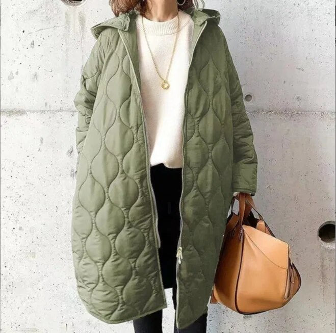 Parka acolchoado de manga comprida para senhora, com capuz e bolsos