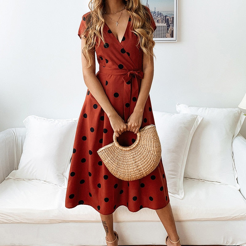 Juna | Damen Polka Dot V-Ausschnitt Midi Kleid mit Bindegürtel