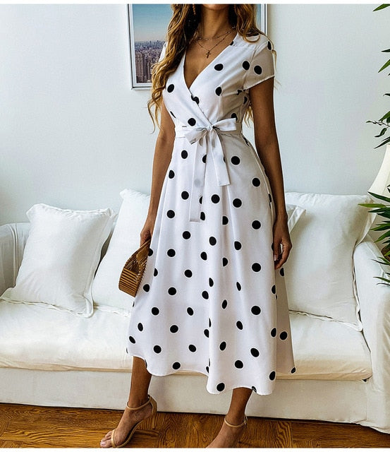 Juna | Damen Polka Dot V-Ausschnitt Midi Kleid mit Bindegürtel