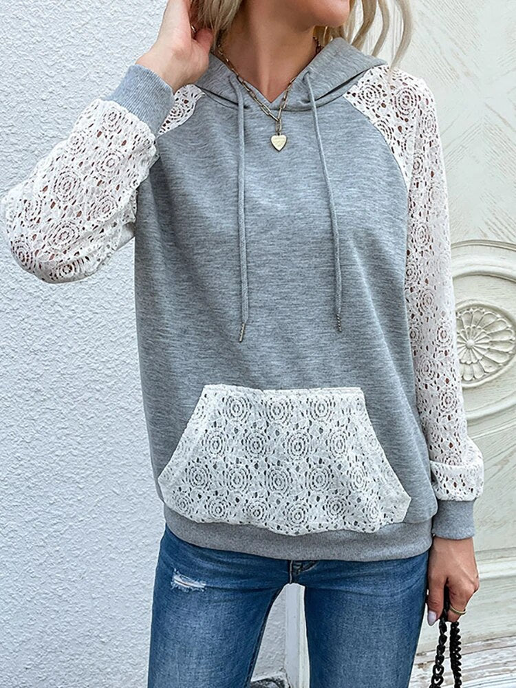Damen Hoodie mit Spitzenärmeln, Kordelzug und Kängurutasche