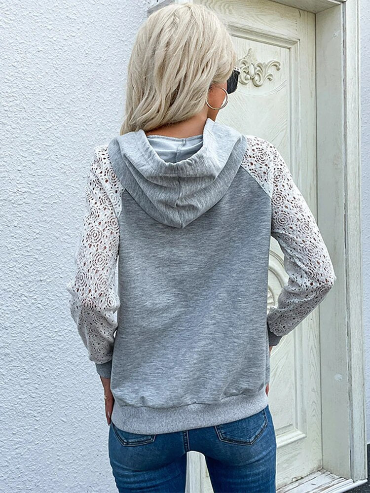 Damen Hoodie mit Spitzenärmeln, Kordelzug und Kängurutasche