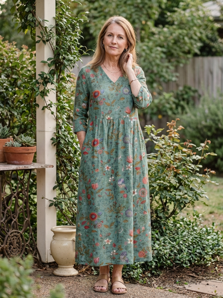 Marina | Floral V-Ausschnitt Maxikleid mit Dreiviertelärmeln