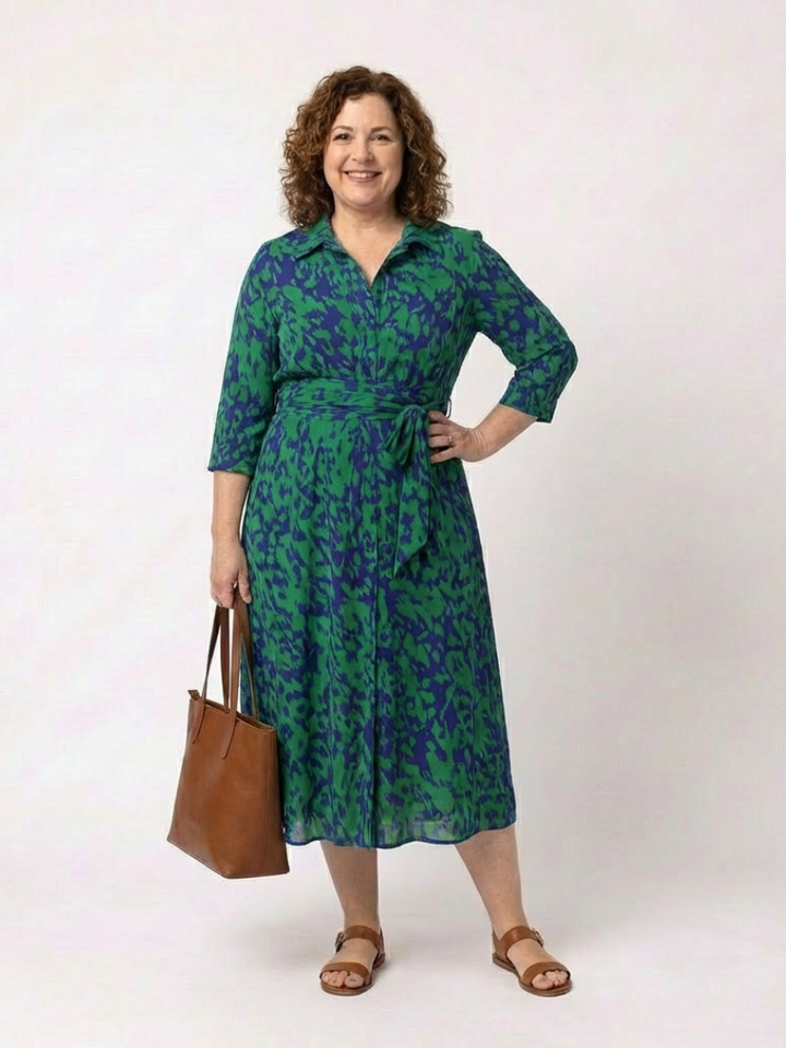 Oriana | Midi-Kleid mit Kragen, langen Ärmeln und Taillengürtel