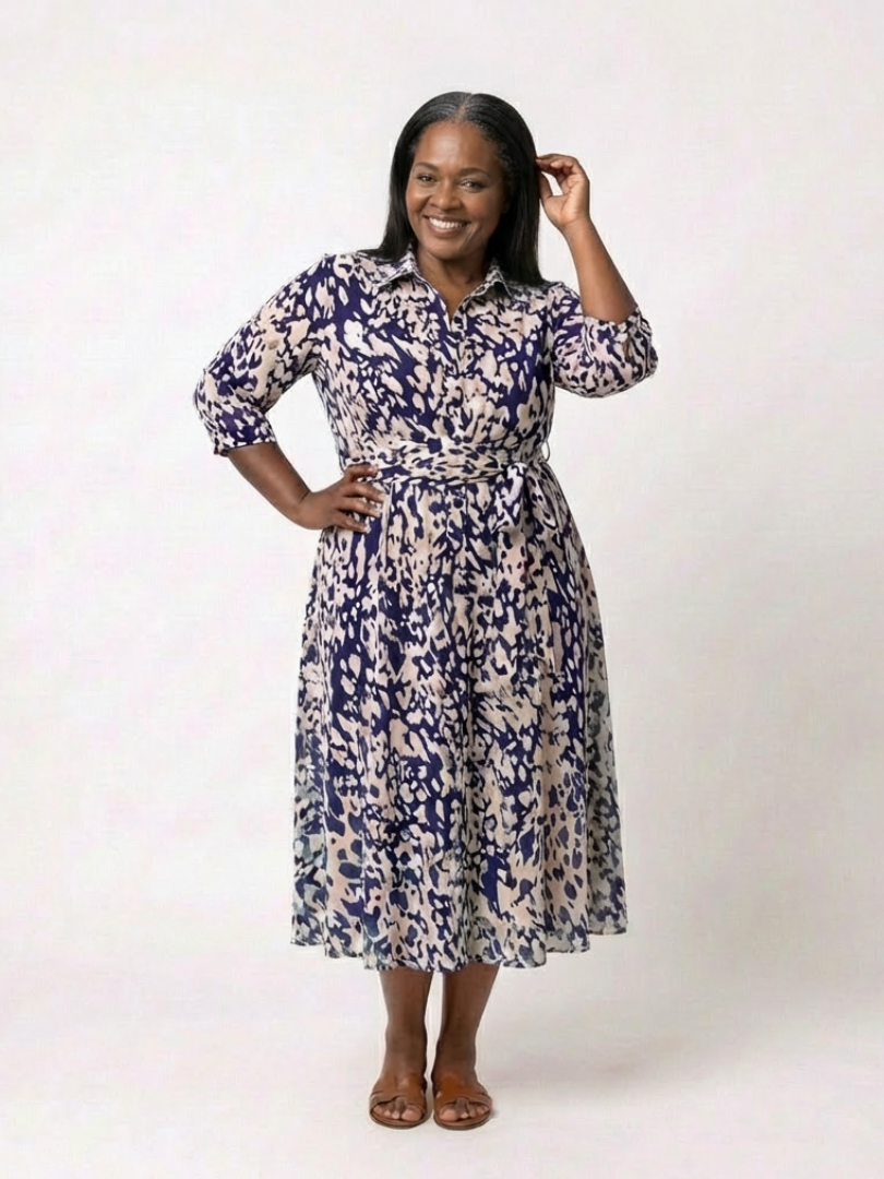 Oriana | Midi-Kleid mit Kragen, langen Ärmeln und Taillengürtel