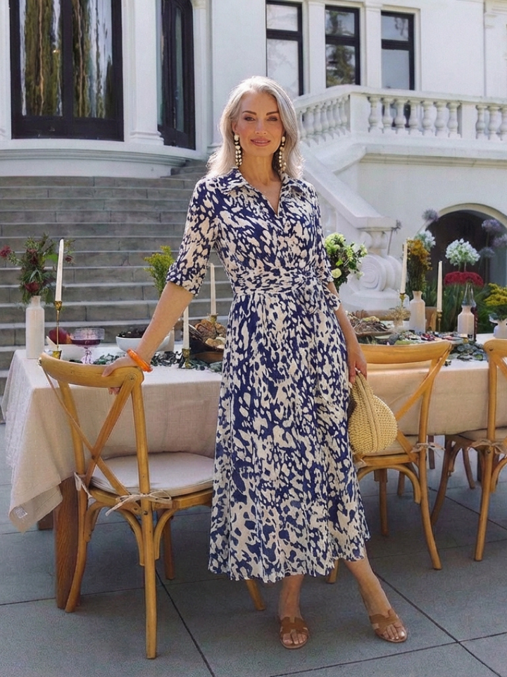 Oriana | Midi-Kleid mit Kragen, langen Ärmeln und Taillengürtel
