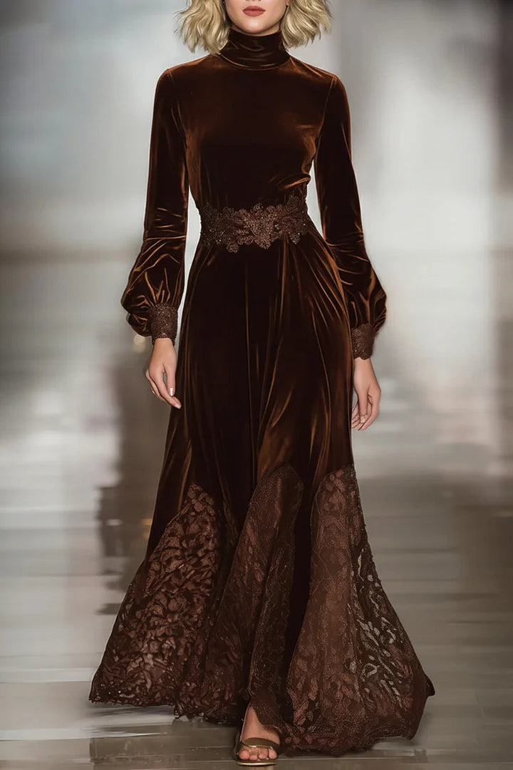 Samt Maxi-Kleid mit Spitzen-Patchwork und Ballonärmeln
