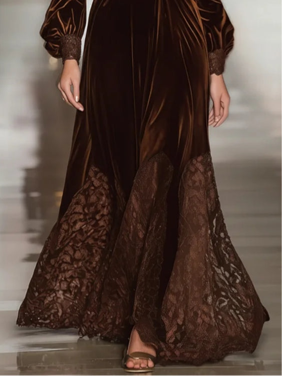 Samt Maxi-Kleid mit Spitzen-Patchwork und Ballonärmeln