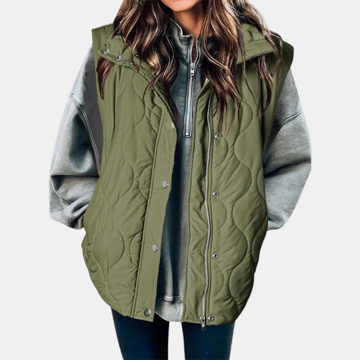 Gilet da donna con bottoni e tasche, con cappuccio