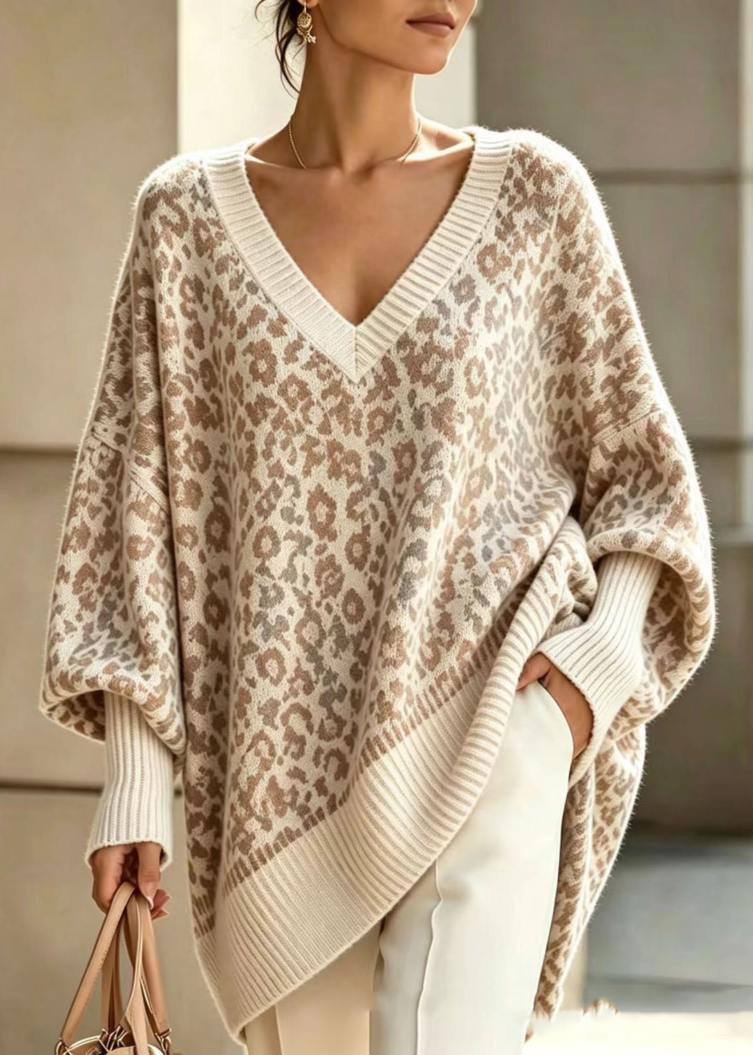 Damen Pullover mit Leopardenmuster, V-Ausschnitt und langen Ärmeln