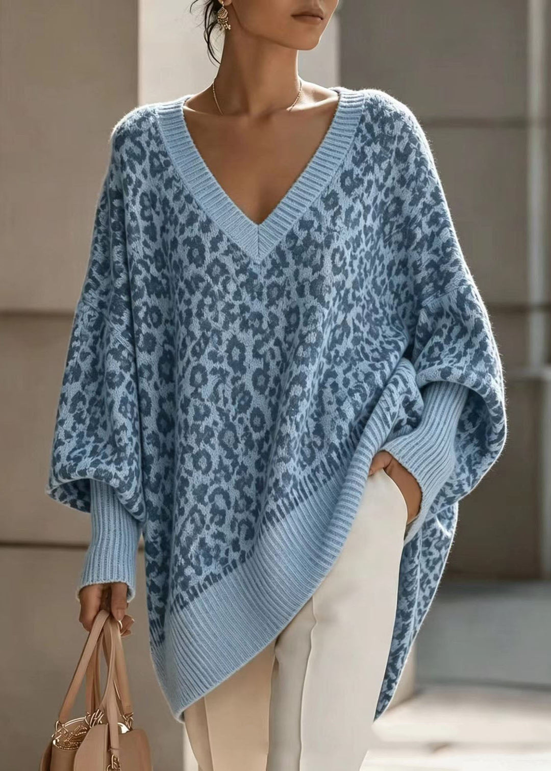 Damen Pullover mit Leopardenmuster, V-Ausschnitt und langen Ärmeln