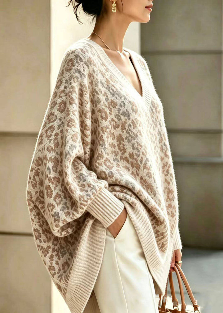 Damen Pullover mit Leopardenmuster, V-Ausschnitt und langen Ärmeln