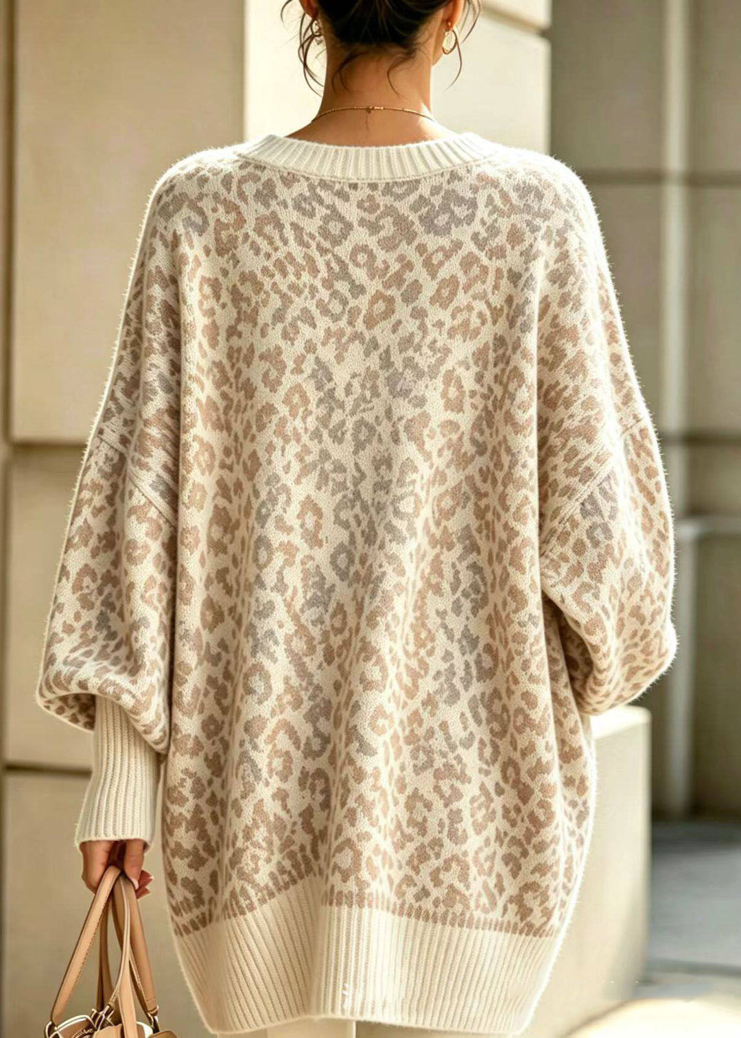 Damen Pullover mit Leopardenmuster, V-Ausschnitt und langen Ärmeln