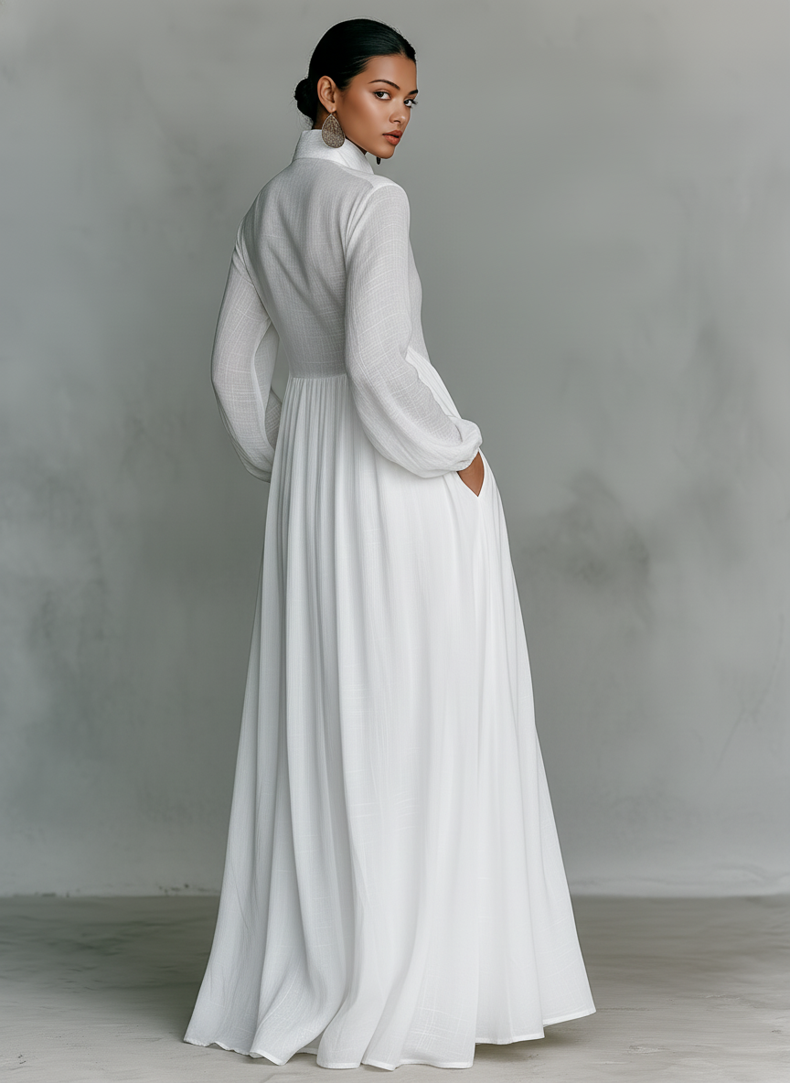 Minimalistisches Patchwork-Maxikleid für Damen mit Stehkragen, Stehkragen und langen Ärmeln, einreihig geknöpft.