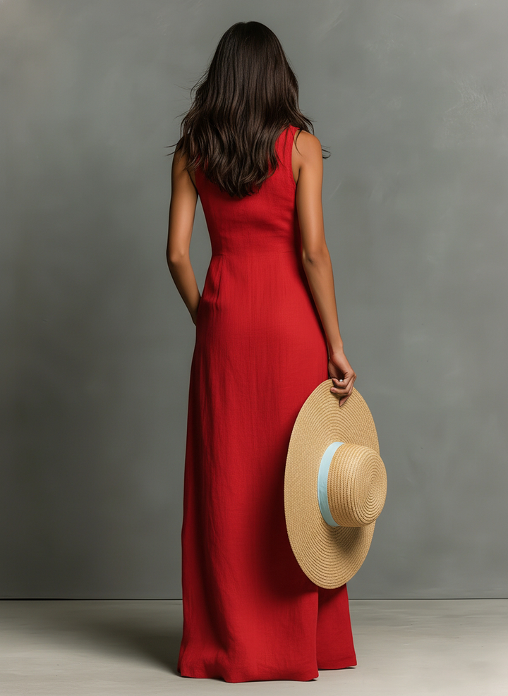 Minimalistisches, kragenloses, einreihiges, ärmelloses Maxi-Hemdkleid für Damen