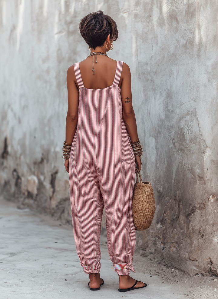 Minimalistischer, gestreifter, lockerer Jumpsuit für Damen mit eckigem Ausschnitt, ärmellos