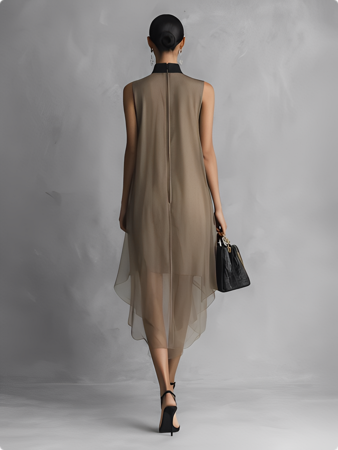 Leichtes, luxuriöses Damen-Freizeitkleid in Khaki und Braun mit Farbblockmuster