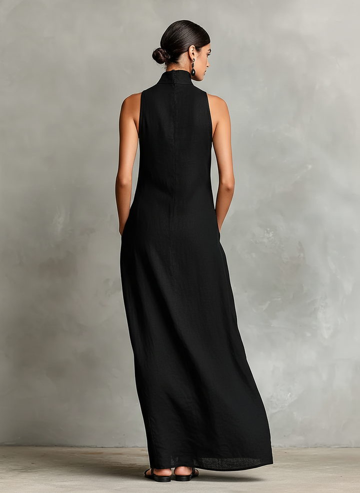 Schwarzes Damen-Maxikleid mit Stehkragen und Seitentaschen, zeitloses, minimalistisches Freizeitkleid