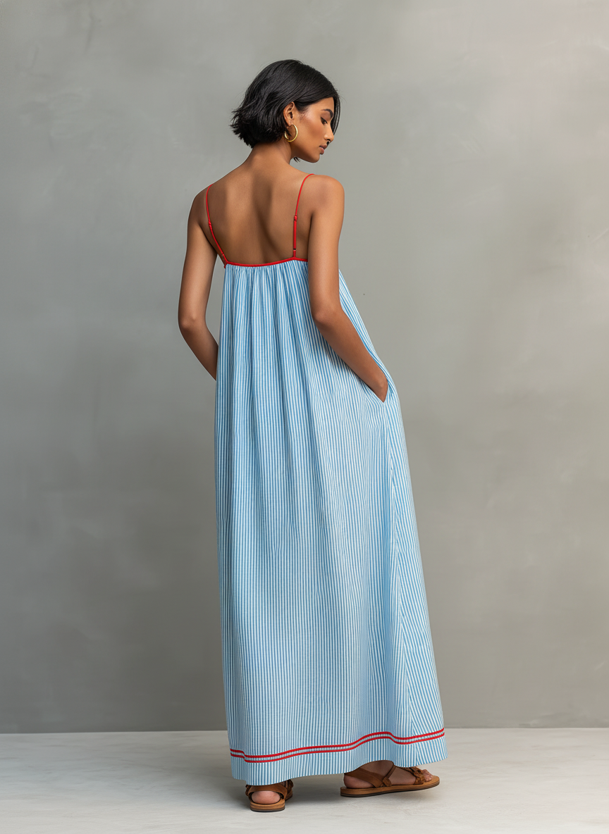 Minimalistisches, gestreiftes Maxikleid für Damen mit roten Akzenten und Spaghettiträgern