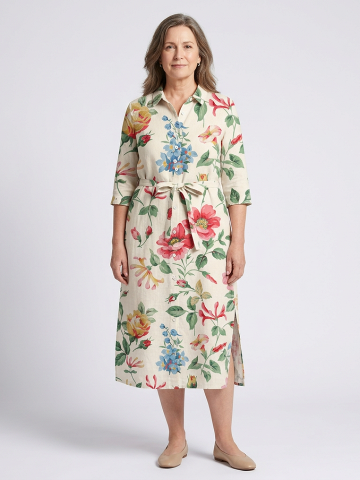 Maribel | Knopf-Front Halbarm Blumen-Midi-Kleid